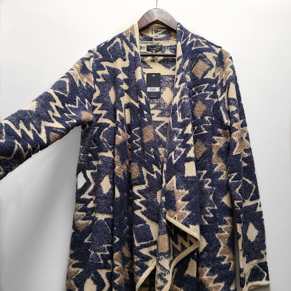 Lucky Brand Aztec Tribal Print Drape Cardigan Blue
